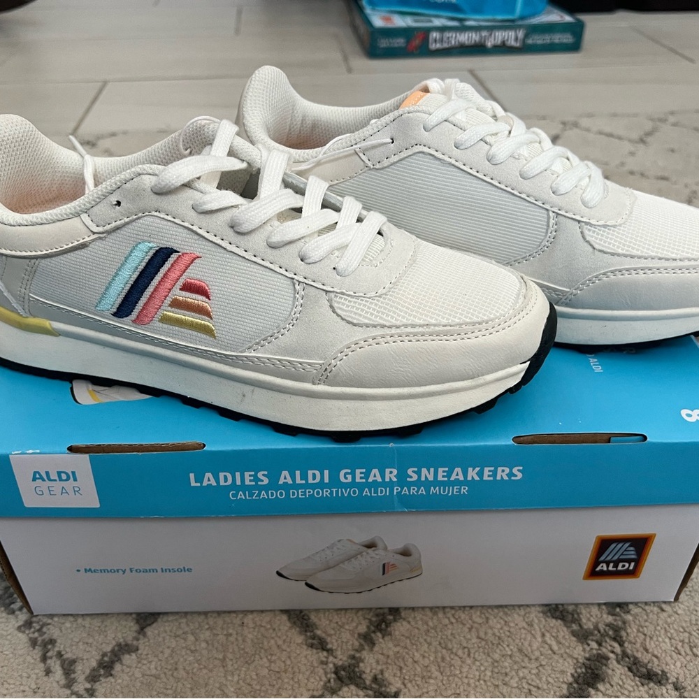 Aldi Gear White Sneakers with Rainbow Stripes